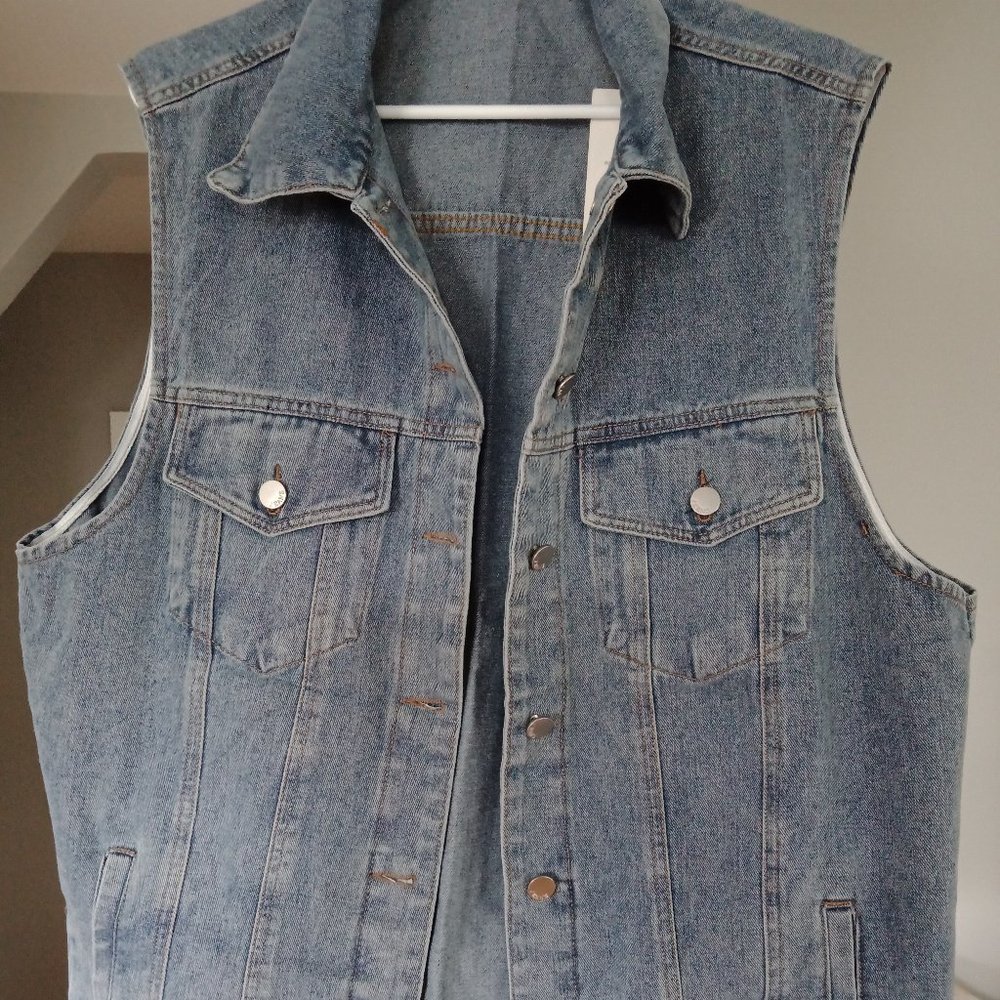 Long Blue Demin Sleeveless Vest, Size Medium